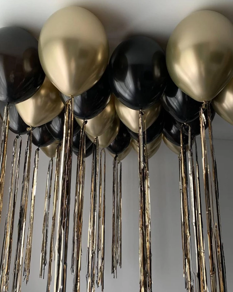 Шарики под потолок хром золото и черный с дождиками 10 шт
